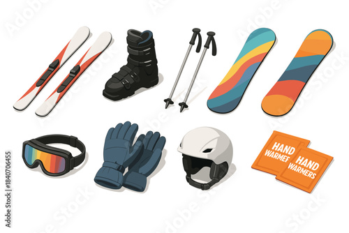 Skiing and snowboarding gear with skis, boots, poles, snowboard, goggles, gloves, helmet, hand warmers