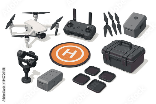Drone accessories set with remote, propellers, batteries, and carrying case