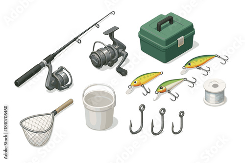 Fishing equipment collection with rod, lures, hooks, and tackle box