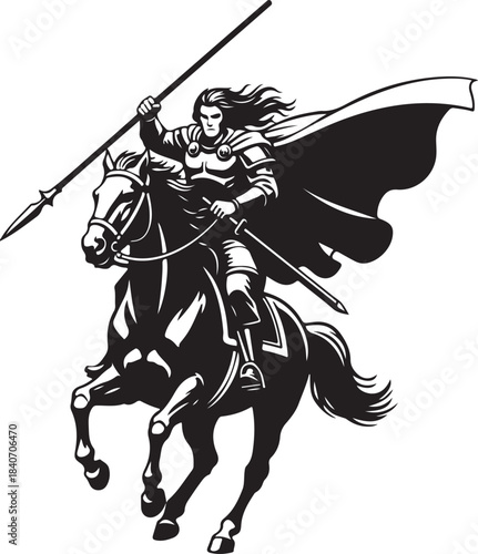 Gallant armored warrior with flowing cape and spear charging heroically on a powerful galloping horse, dynamic monochrome illustration.