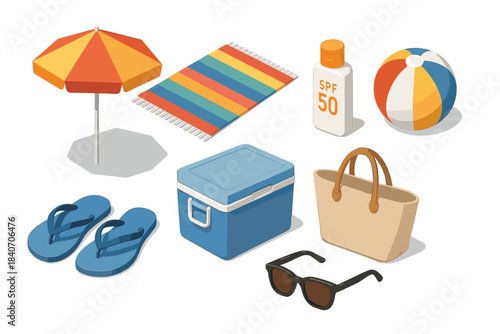 Colorful beach essentials: umbrella, cooler, flip-flops, sunglasses, beachball, tote bag, sunscreen