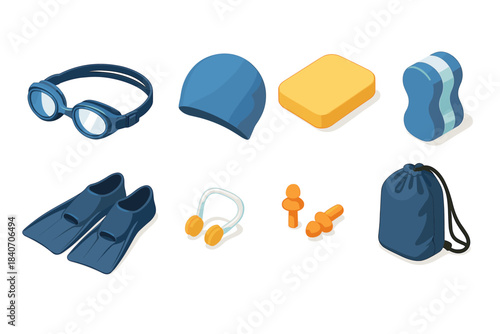 Swimming gear collection: goggles, swim cap, flippers, earplugs, kickboard, mesh bag