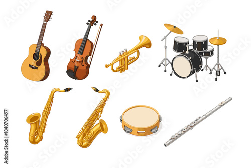 Collection of musical instruments including guitar, violin, drums, saxophones, trumpet, tambourine, flute