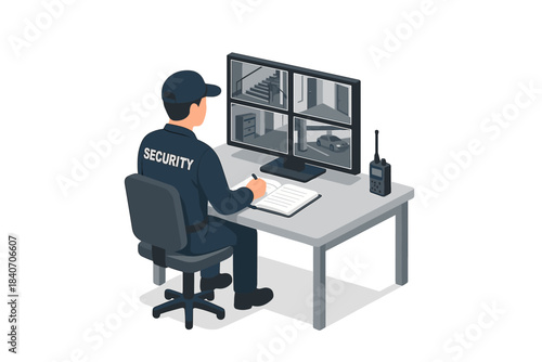 Male security guard monitoring surveillance cameras in control room