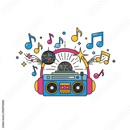 Vibrant retro boombox with headphones, disco ball, and musical notes, symbolizing music, party, and celebration.