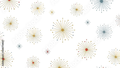 A modern abstract pattern featuring stylized dandelion seed heads or starbursts in gold, blue, and red on a white background.