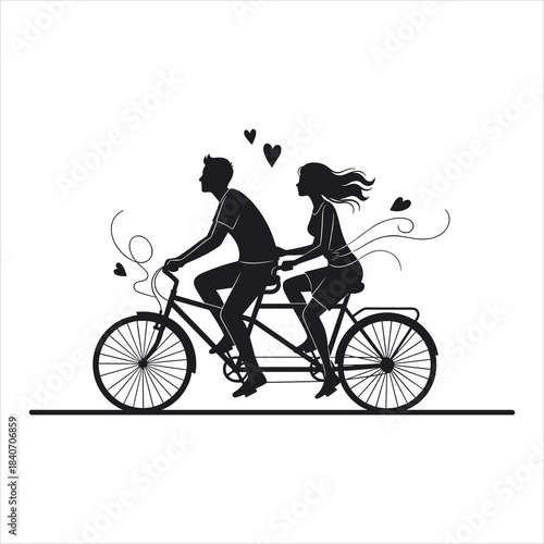 Romantic couple riding tandem bicycle silhouette with hearts and music notes