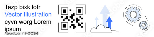 Technology, data management, cloud computing, digital transformation, innovation, connectivity. QR code, upward arrows cloud and gear symbols. Technology and data management concept