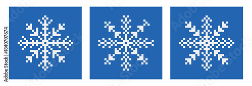Frozen snowflake shape. Snow pattern, pixel art design element. Set of frosty decorations and ornaments. Isolated vector illustration.