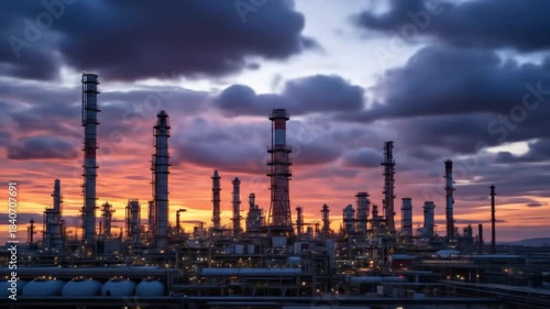 Wallpaper Mural Oil refinery industry, petrochemical plant under a dramatic sunset sky. Energy sector infrastructure with towers, tanks, and pipes. 4K video. Torontodigital.ca