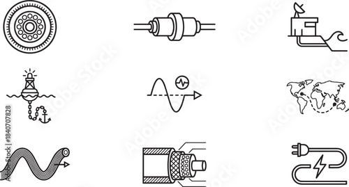 Submarine cable components and installation process. optical fiber, cable laying vessel