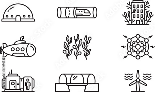 Underwater exploration and renewable energy icons: biodome, submarine, coral, wind turbine