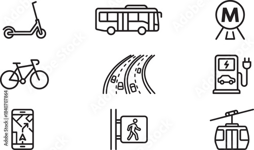 Urban transportation and city mobility line icons set, scooter, bus, bike, highway, metro, map