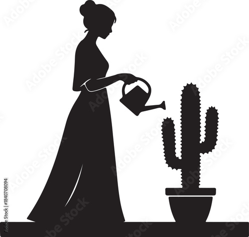 Minimalist silhouette of a graceful woman nurturing a potted cactus plant with a watering can, representing growth and care.