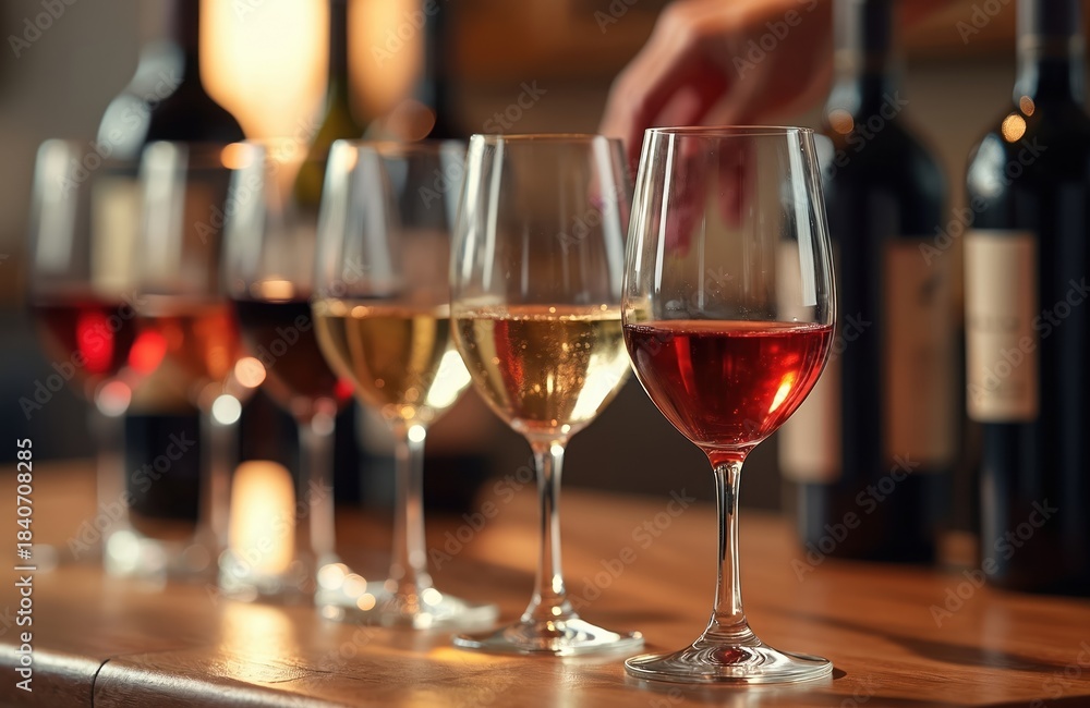 Obraz premium Line of wine glasses with red and white wine sits on wooden table. Bottles stand behind person tasting beverage. Alcohol drink samples at wine tasting event.