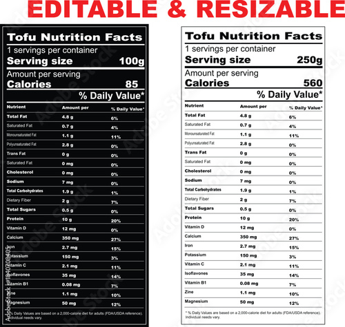 Tofu label isolated on white background with daily values, nutrition calculator, nutritional panel, Supplement Facts