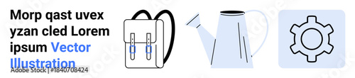 Backpack, metal watering can, and gear icon suggesting focus on education, gardening, teamwork, and innovation. Ideal for education materials, DIY projects, gardening productivity innovation