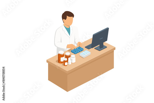 Male pharmacist working at pharmacy counter with medication and computer