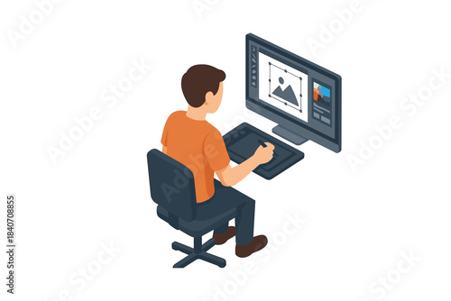 Young caucasian male designer using graphics tablet on computer for creative work