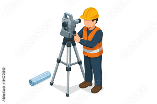 Surveyor using theodolite for land measurement