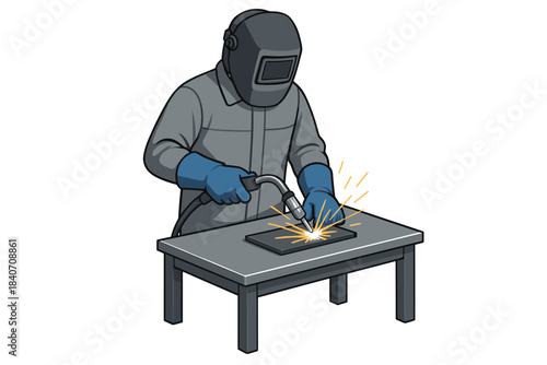 Male welder using welding torch with protective gear in industrial setting