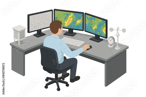 Male meteorologist monitoring weather data on multiple screens in office