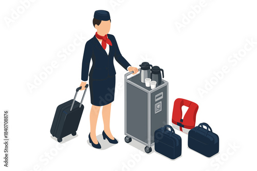Female flight attendant with trolley and luggage in uniform on white background