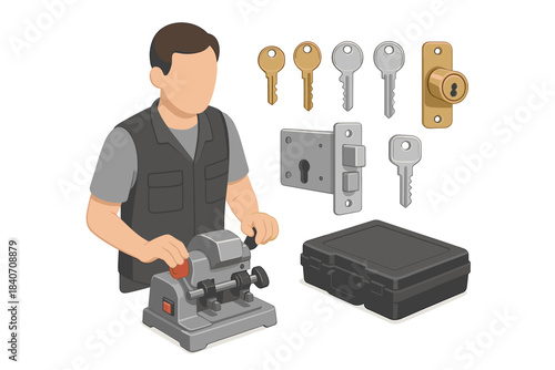 Male locksmith operating key cutting machine with various keys and lock components