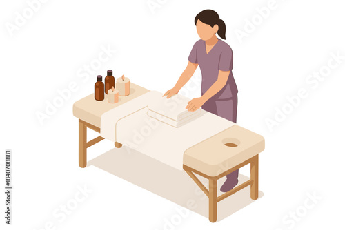 Female therapist preparing massage table in spa setting