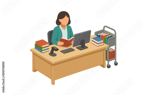Female librarian reading at desk with computer and books on cart