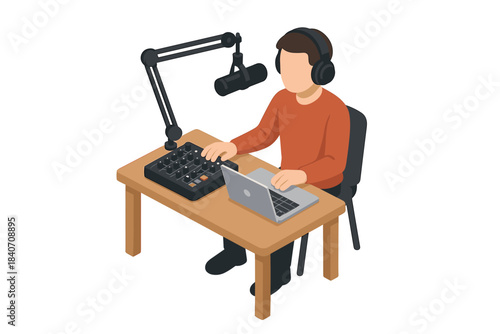 Young caucasian male podcast host with audio equipment and laptop at desk