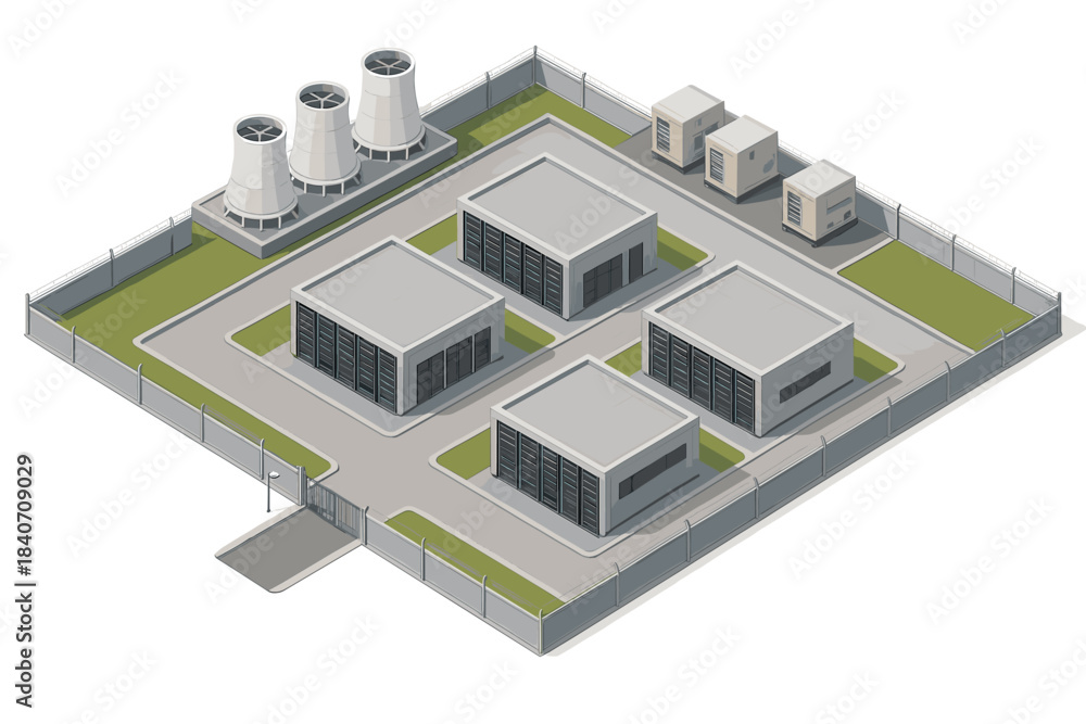 Fototapeta premium Isometric industrial facility with cooling towers and buildings on white background