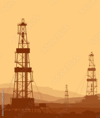 Oil and Gas Drilling Rigs over mountains view. Detail night vector illustration