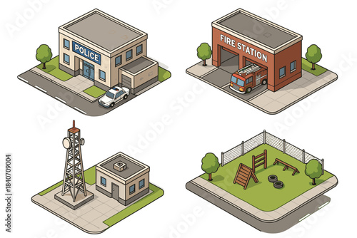 Isometric cityscape with police station, fire station, radio tower, and playground