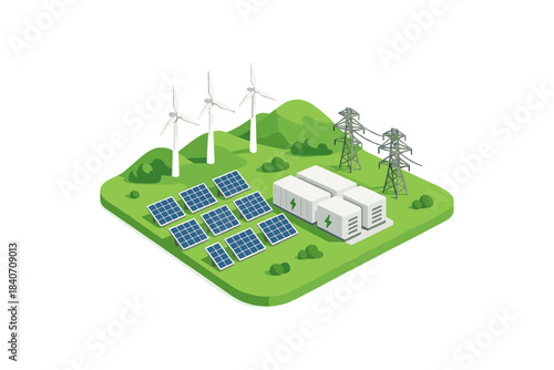 Sustainable energy landscape with solar panels, wind turbines, and power lines