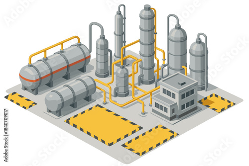 Industrial plant with storage tanks and pipes in isometric view