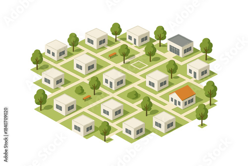Isometric illustration of suburban neighborhood with green spaces and modern buildings