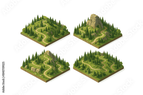 Isometric mountain landscapes: winding trails and lush forests