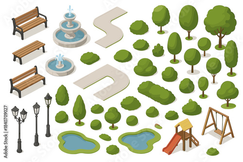 Isometric park elements set with benches, trees, pathways, and playground