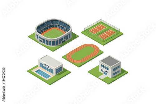 Isometric sports complex: stadium, tennis courts, track, pool, gym