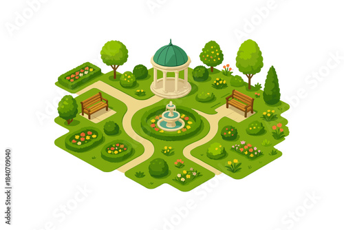 Charming garden scene with gazebo, fountain, benches, and lush greenery