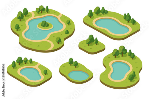 Collection of isometric cartoon ponds with trees and grassland