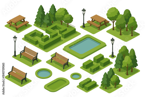 Isometric park elements with benches, trees, bushes, and ponds