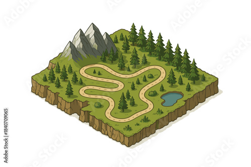 Isometric forest landscape with path, mountains, and pond
