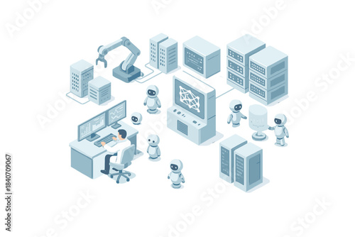 Futuristic robotics lab with ai, robots, and computers in high-tech environment