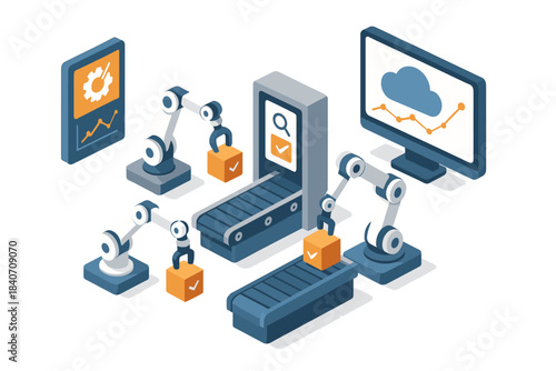 Automated factory conveyor system with robotic arms and cloud integration