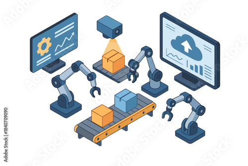 Isometric illustration of factory robotics and automation technology