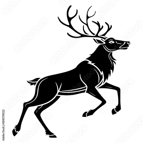 Majestic Red Deer Stag Bounding Vector – Detailed Christmas Silhouette, Elegant Hunting Lodge, Running Reindeer, Royal Animal Emblem, Winter Holiday Decor & Monochromatic Vintage Engraving Style