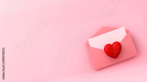 Pink Envelope with Red Heart and Blank Card on Soft Background.