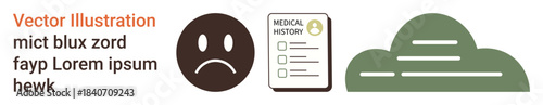 Health records, mental well-being, medical diagnosis, sadness, healthcare icons, emotional health. A sad face, medical form and a green shape. Mental well-being and healthcare concept